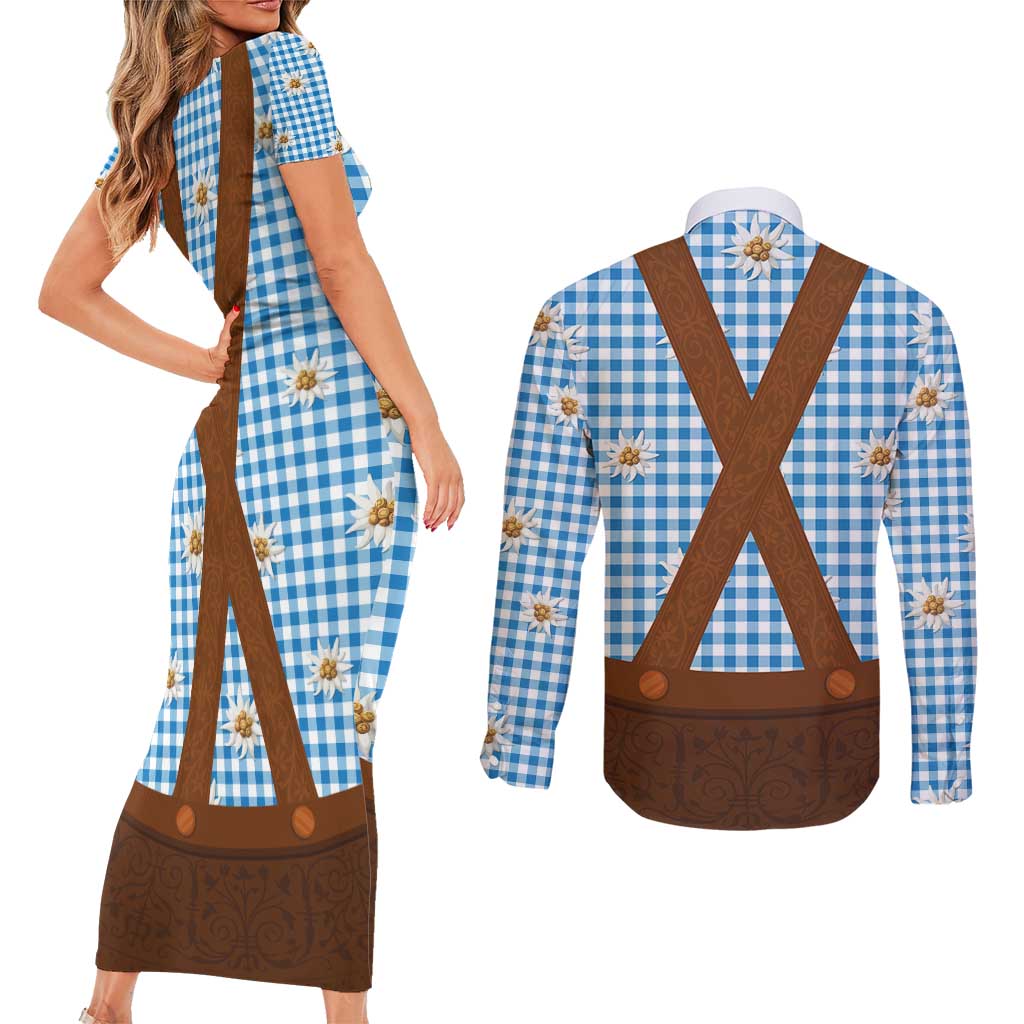 Traditional German Costume - Lederhosen Couples Matching Short Sleeve Bodycon Dress and Long Sleeve Button Shirt Blue Plaid Pattern with Edelweiss Flowers