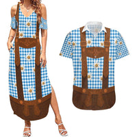 Traditional German Costume - Lederhosen Couples Matching Summer Maxi Dress and Hawaiian Shirt Blue Plaid Pattern with Edelweiss Flowers