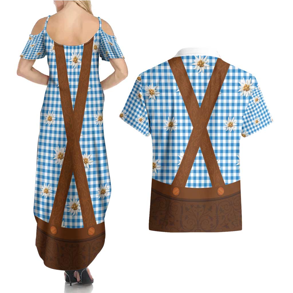Traditional German Costume - Lederhosen Couples Matching Summer Maxi Dress and Hawaiian Shirt Blue Plaid Pattern with Edelweiss Flowers