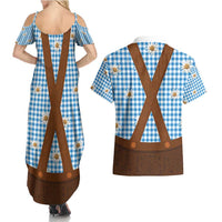 Traditional German Costume - Lederhosen Couples Matching Summer Maxi Dress and Hawaiian Shirt Blue Plaid Pattern with Edelweiss Flowers