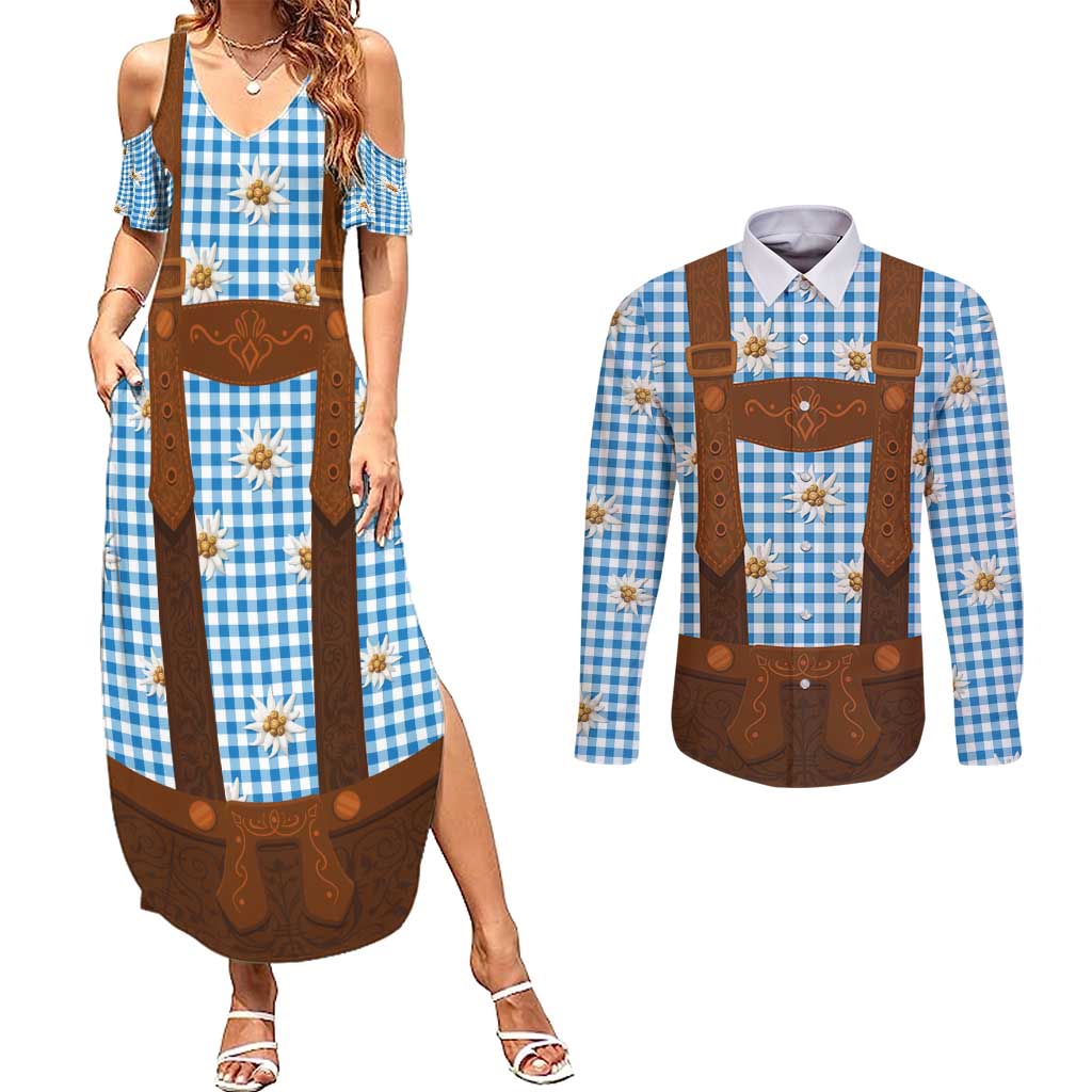 Traditional German Costume - Lederhosen Couples Matching Summer Maxi Dress and Long Sleeve Button Shirt Blue Plaid Pattern with Edelweiss Flowers
