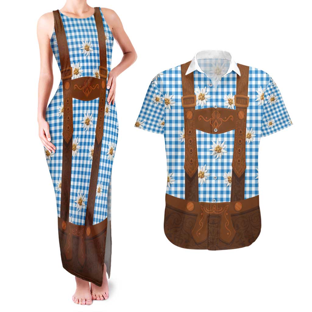 Traditional German Costume - Lederhosen Couples Matching Tank Maxi Dress and Hawaiian Shirt Blue Plaid Pattern with Edelweiss Flowers