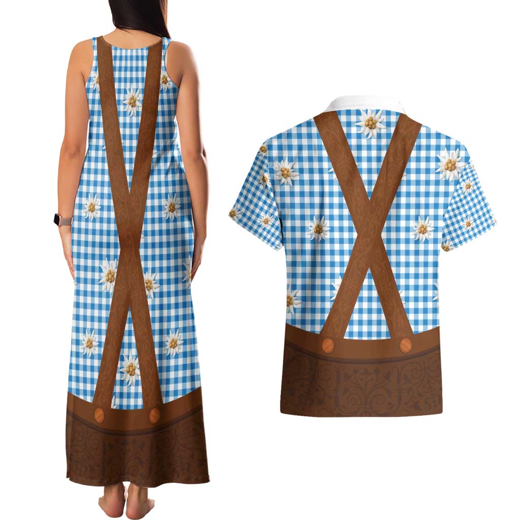 Traditional German Costume - Lederhosen Couples Matching Tank Maxi Dress and Hawaiian Shirt Blue Plaid Pattern with Edelweiss Flowers