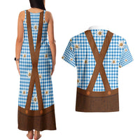 Traditional German Costume - Lederhosen Couples Matching Tank Maxi Dress and Hawaiian Shirt Blue Plaid Pattern with Edelweiss Flowers