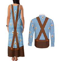 Traditional German Costume - Lederhosen Couples Matching Tank Maxi Dress and Long Sleeve Button Shirt Blue Plaid Pattern with Edelweiss Flowers