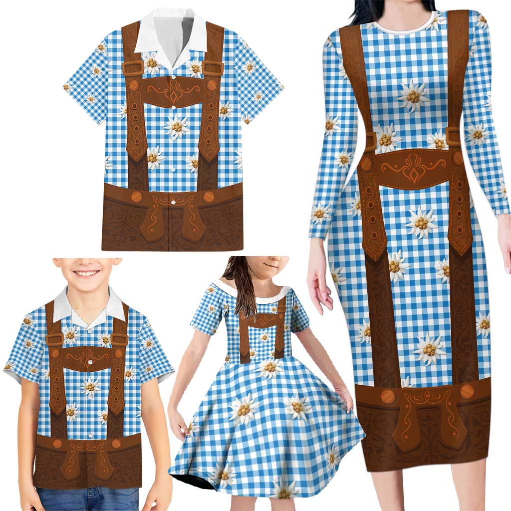 Traditional German Costume - Lederhosen Family Matching Long Sleeve Bodycon Dress and Hawaiian Shirt Blue Plaid Pattern with Edelweiss Flowers - Wonder Print Shop