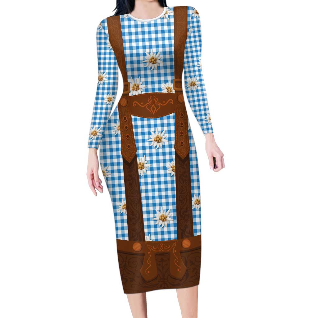 Traditional German Costume - Lederhosen Family Matching Long Sleeve Bodycon Dress and Hawaiian Shirt Blue Plaid Pattern with Edelweiss Flowers - Wonder Print Shop
