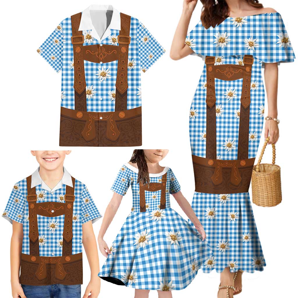 Traditional German Costume - Lederhosen Family Matching Mermaid Dress and Hawaiian Shirt Blue Plaid Pattern with Edelweiss Flowers - Wonder Print Shop