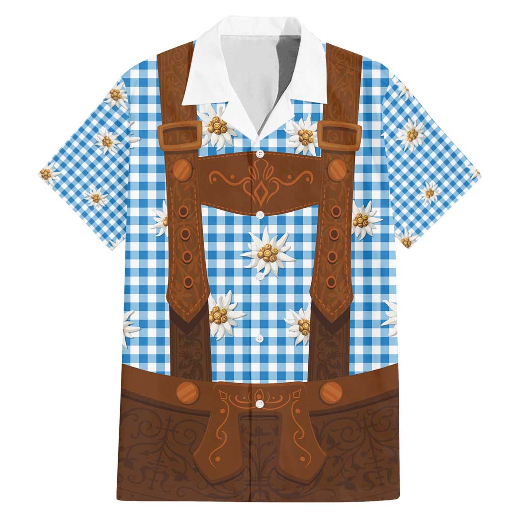 Traditional German Costume - Lederhosen Family Matching Mermaid Dress and Hawaiian Shirt Blue Plaid Pattern with Edelweiss Flowers - Wonder Print Shop