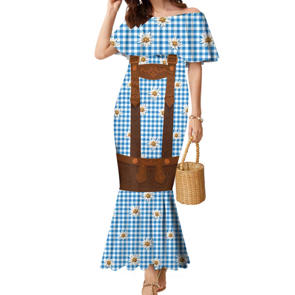 Traditional German Costume - Lederhosen Family Matching Mermaid Dress and Hawaiian Shirt Blue Plaid Pattern with Edelweiss Flowers - Wonder Print Shop