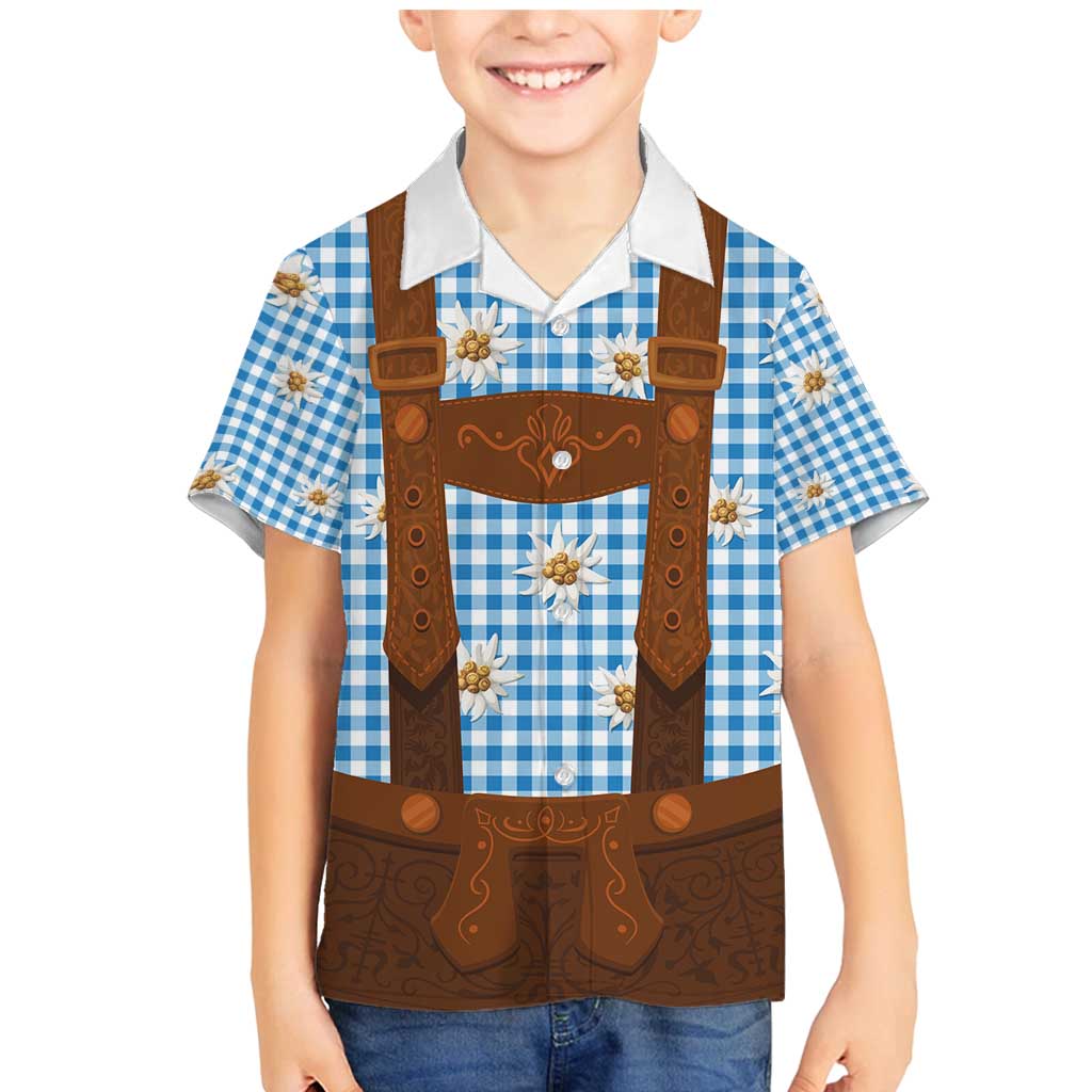 Traditional German Costume - Lederhosen Family Matching Mermaid Dress and Hawaiian Shirt Blue Plaid Pattern with Edelweiss Flowers - Wonder Print Shop