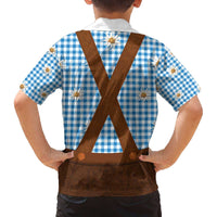 Traditional German Costume - Lederhosen Family Matching Off The Shoulder Long Sleeve Dress and Hawaiian Shirt Blue Plaid Pattern with Edelweiss Flowers