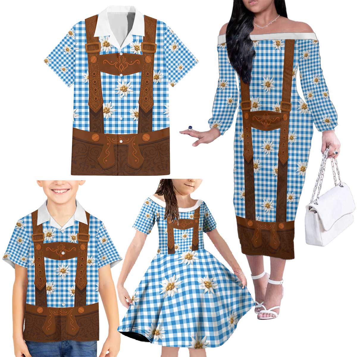 Traditional German Costume - Lederhosen Family Matching Off The Shoulder Long Sleeve Dress and Hawaiian Shirt Blue Plaid Pattern with Edelweiss Flowers