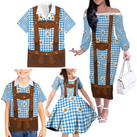 Traditional German Costume - Lederhosen Family Matching Off The Shoulder Long Sleeve Dress and Hawaiian Shirt Blue Plaid Pattern with Edelweiss Flowers