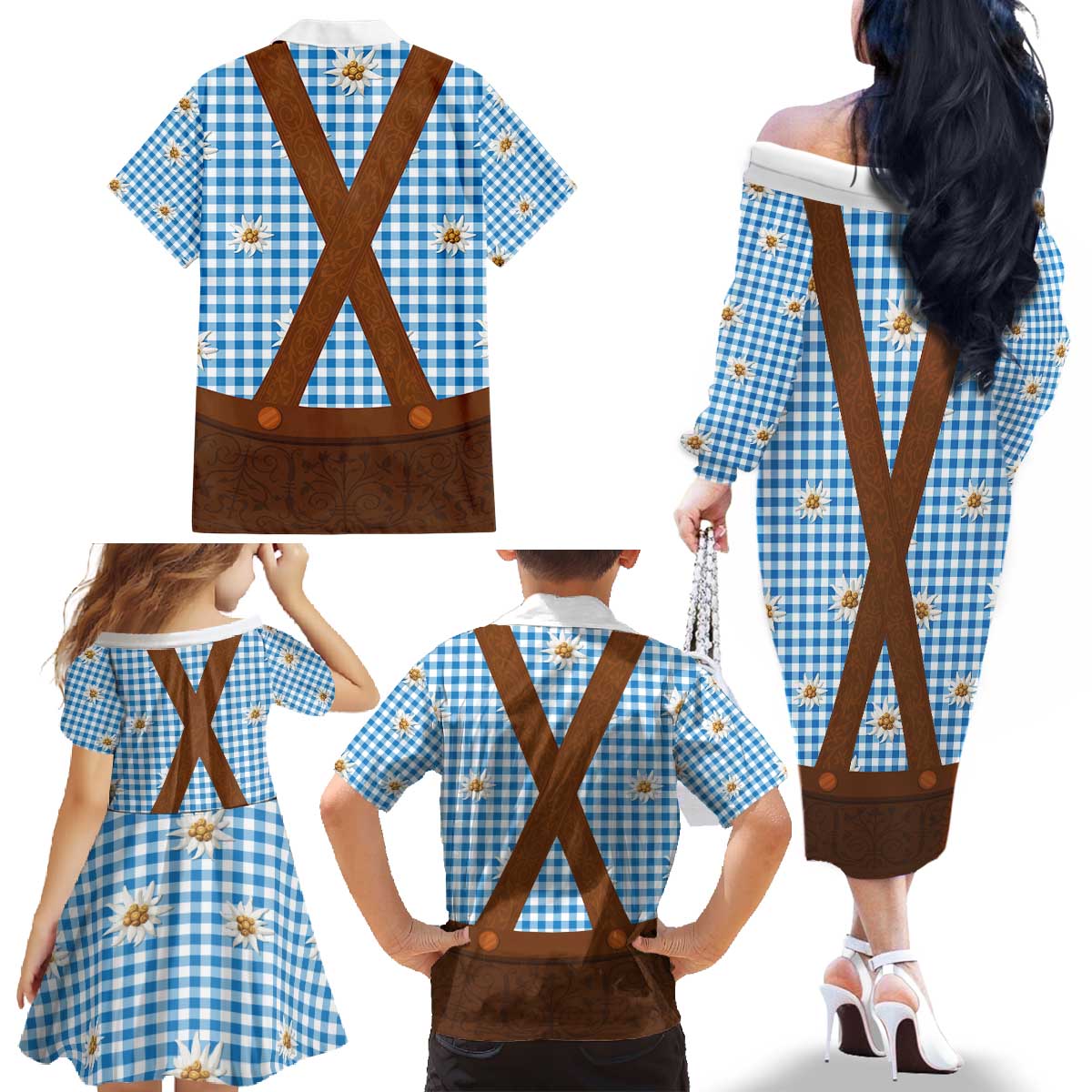 Traditional German Costume - Lederhosen Family Matching Off The Shoulder Long Sleeve Dress and Hawaiian Shirt Blue Plaid Pattern with Edelweiss Flowers