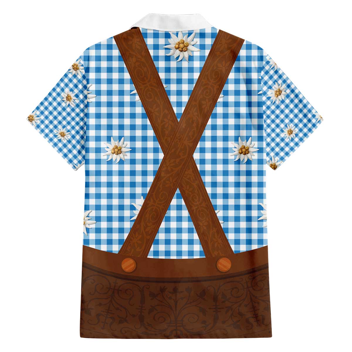 Traditional German Costume - Lederhosen Family Matching Off The Shoulder Long Sleeve Dress and Hawaiian Shirt Blue Plaid Pattern with Edelweiss Flowers