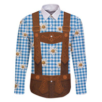 Traditional German Costume - Lederhosen Family Matching Off The Shoulder Long Sleeve Dress and Hawaiian Shirt Blue Plaid Pattern with Edelweiss Flowers