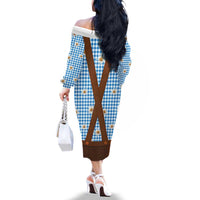 Traditional German Costume - Lederhosen Family Matching Off The Shoulder Long Sleeve Dress and Hawaiian Shirt Blue Plaid Pattern with Edelweiss Flowers