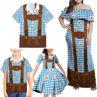 Traditional German Costume - Lederhosen Family Matching Off Shoulder Maxi Dress and Hawaiian Shirt Blue Plaid Pattern with Edelweiss Flowers - Wonder Print Shop