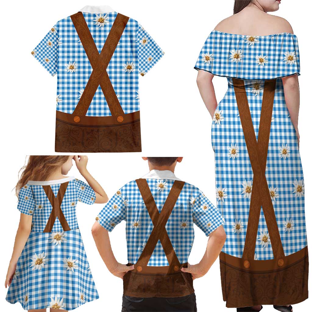 Traditional German Costume - Lederhosen Family Matching Off Shoulder Maxi Dress and Hawaiian Shirt Blue Plaid Pattern with Edelweiss Flowers - Wonder Print Shop