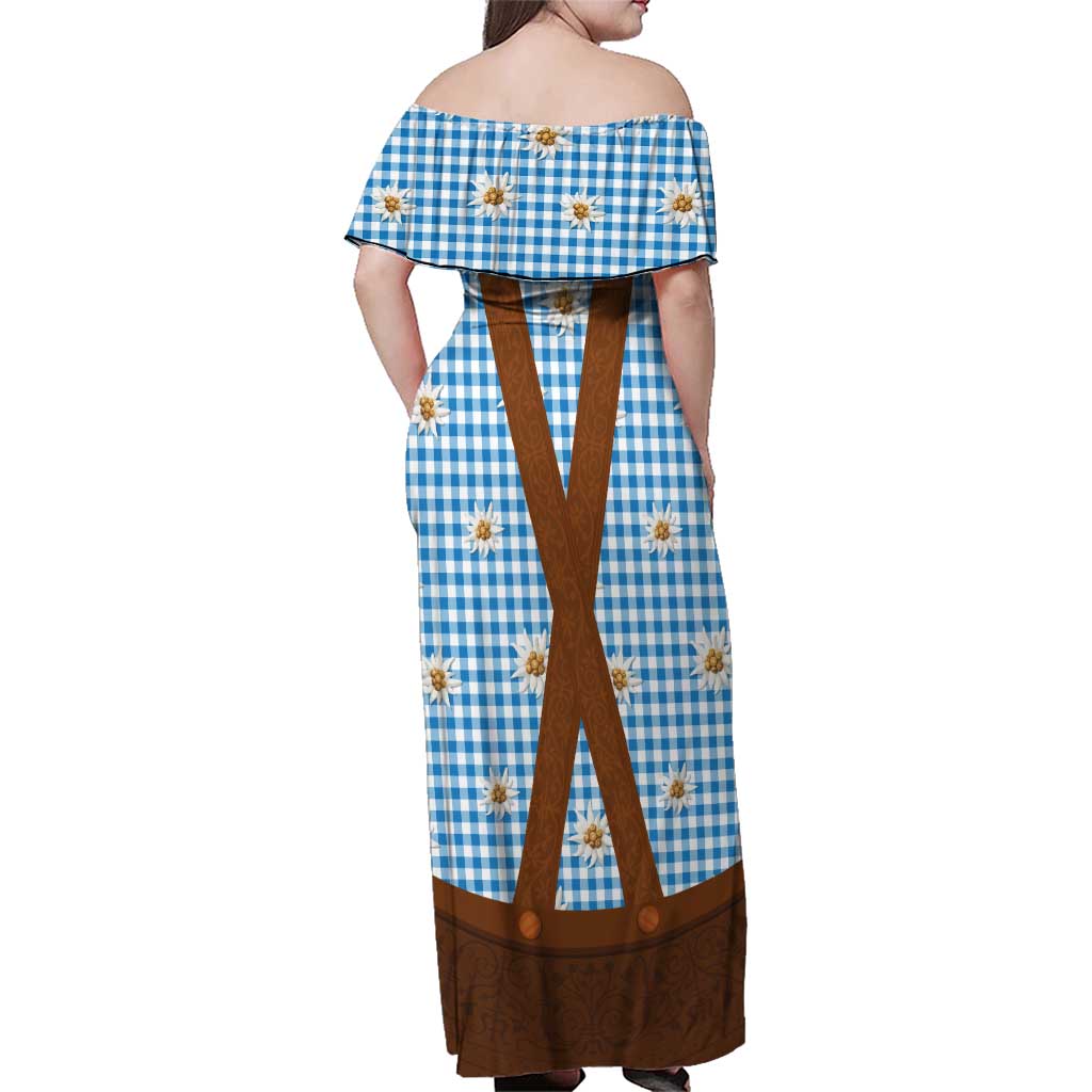 Traditional German Costume - Lederhosen Family Matching Off Shoulder Maxi Dress and Hawaiian Shirt Blue Plaid Pattern with Edelweiss Flowers - Wonder Print Shop