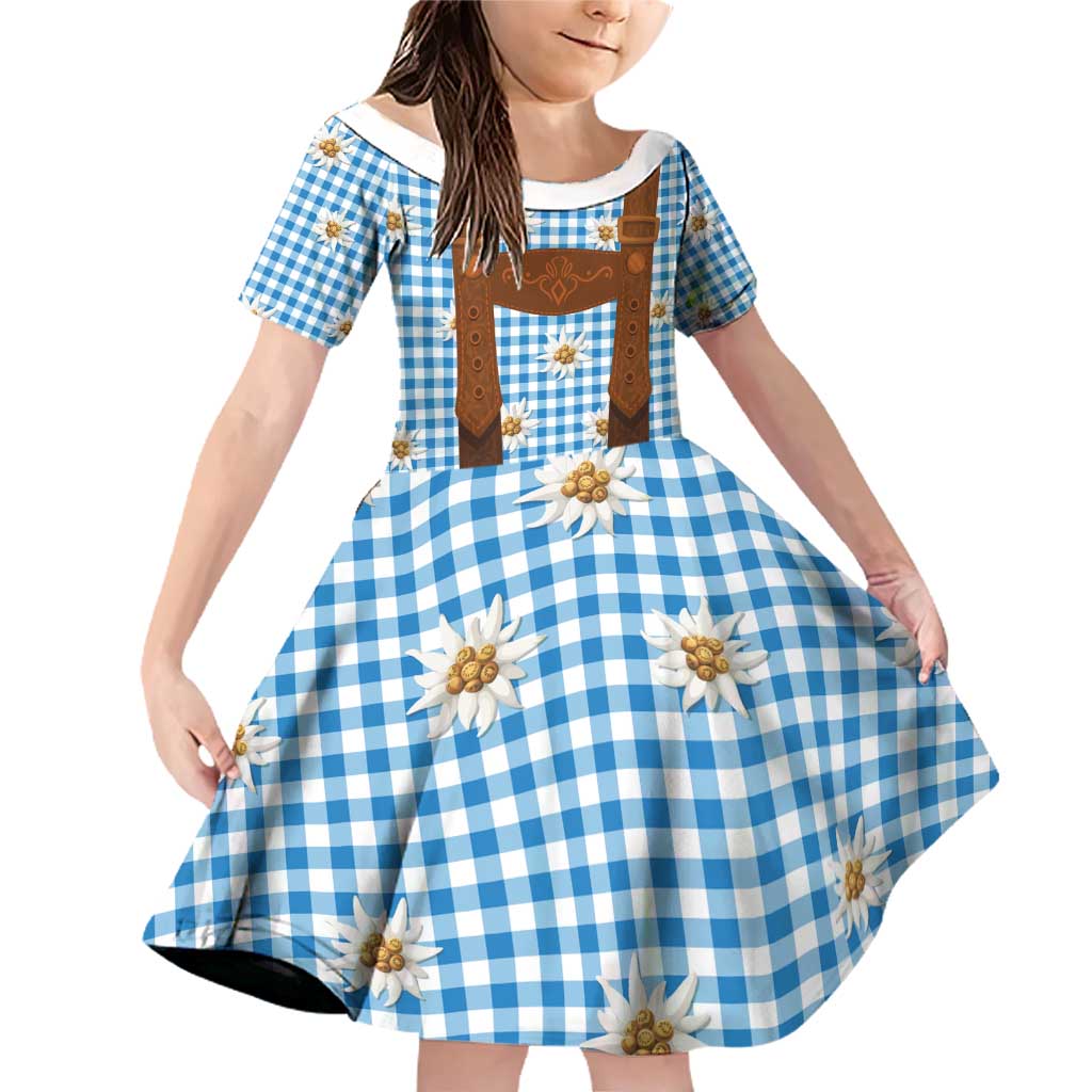 Traditional German Costume - Lederhosen Family Matching Off Shoulder Short Dress and Hawaiian Shirt Blue Plaid Pattern with Edelweiss Flowers - Wonder Print Shop