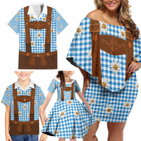 Traditional German Costume - Lederhosen Family Matching Off Shoulder Short Dress and Hawaiian Shirt Blue Plaid Pattern with Edelweiss Flowers - Wonder Print Shop