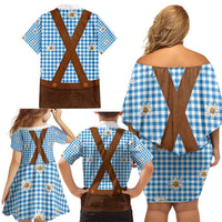 Traditional German Costume - Lederhosen Family Matching Off Shoulder Short Dress and Hawaiian Shirt Blue Plaid Pattern with Edelweiss Flowers - Wonder Print Shop