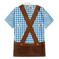 Traditional German Costume - Lederhosen Family Matching Off Shoulder Short Dress and Hawaiian Shirt Blue Plaid Pattern with Edelweiss Flowers - Wonder Print Shop