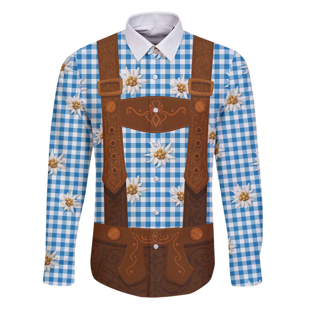 Traditional German Costume - Lederhosen Family Matching Off Shoulder Short Dress and Hawaiian Shirt Blue Plaid Pattern with Edelweiss Flowers - Wonder Print Shop