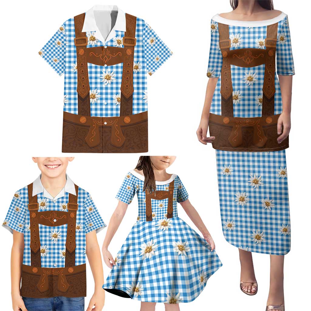 Traditional German Costume - Lederhosen Family Matching Puletasi and Hawaiian Shirt Blue Plaid Pattern with Edelweiss Flowers