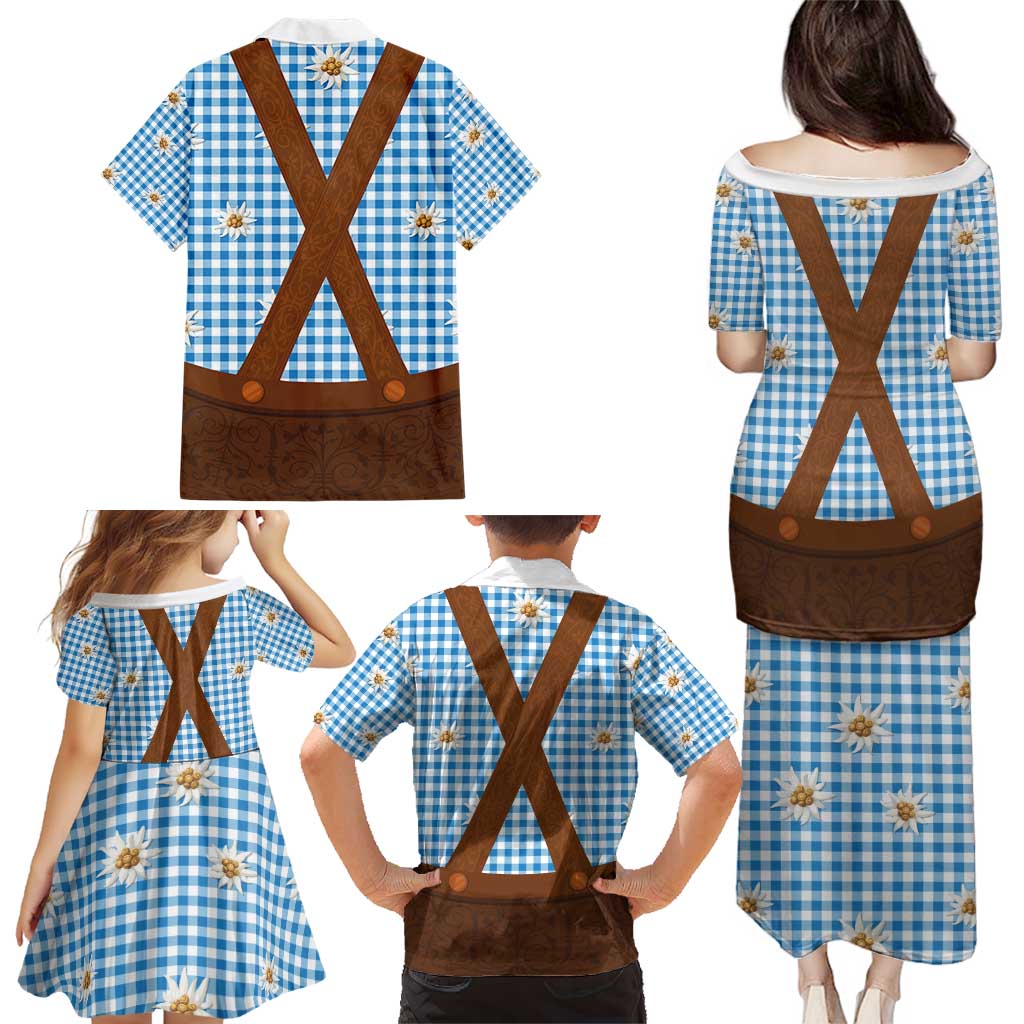 Traditional German Costume - Lederhosen Family Matching Puletasi and Hawaiian Shirt Blue Plaid Pattern with Edelweiss Flowers