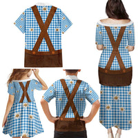 Traditional German Costume - Lederhosen Family Matching Puletasi and Hawaiian Shirt Blue Plaid Pattern with Edelweiss Flowers