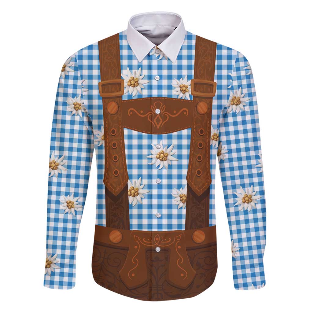 Traditional German Costume - Lederhosen Family Matching Puletasi and Hawaiian Shirt Blue Plaid Pattern with Edelweiss Flowers