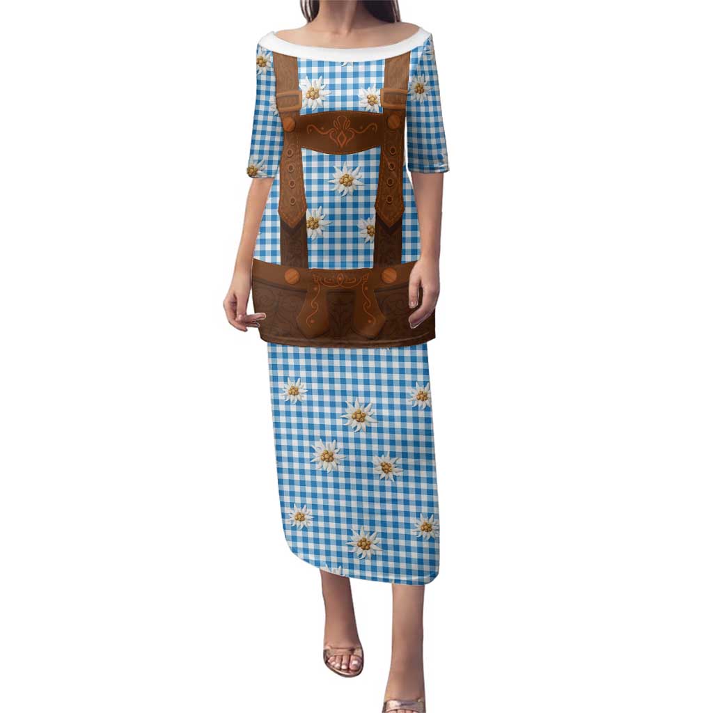 Traditional German Costume - Lederhosen Family Matching Puletasi and Hawaiian Shirt Blue Plaid Pattern with Edelweiss Flowers
