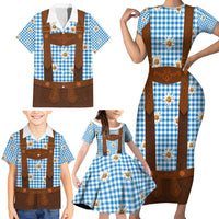Traditional German Costume - Lederhosen Family Matching Short Sleeve Bodycon Dress and Hawaiian Shirt Blue Plaid Pattern with Edelweiss Flowers - Wonder Print Shop
