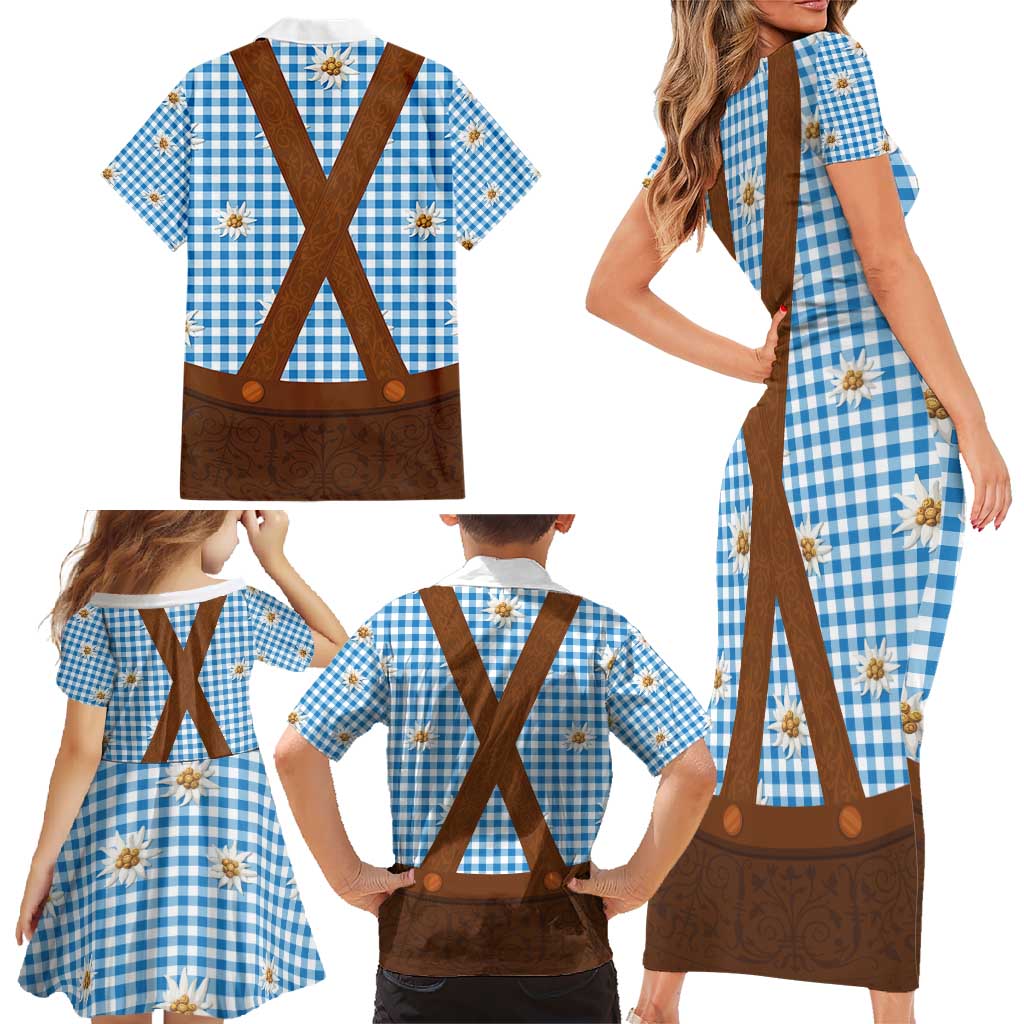 Traditional German Costume - Lederhosen Family Matching Short Sleeve Bodycon Dress and Hawaiian Shirt Blue Plaid Pattern with Edelweiss Flowers - Wonder Print Shop
