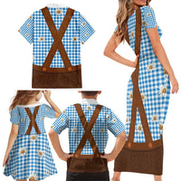 Traditional German Costume - Lederhosen Family Matching Short Sleeve Bodycon Dress and Hawaiian Shirt Blue Plaid Pattern with Edelweiss Flowers - Wonder Print Shop