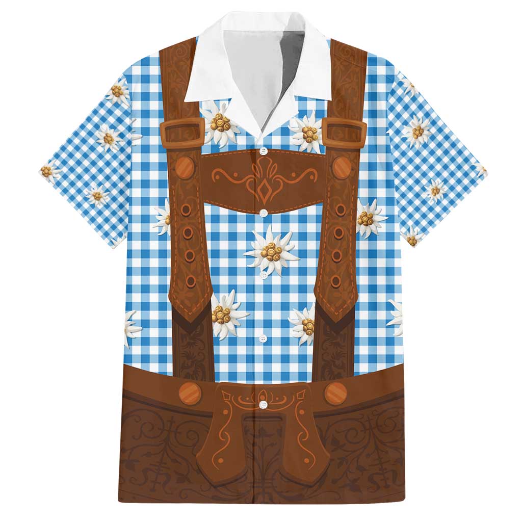 Traditional German Costume - Lederhosen Family Matching Short Sleeve Bodycon Dress and Hawaiian Shirt Blue Plaid Pattern with Edelweiss Flowers - Wonder Print Shop