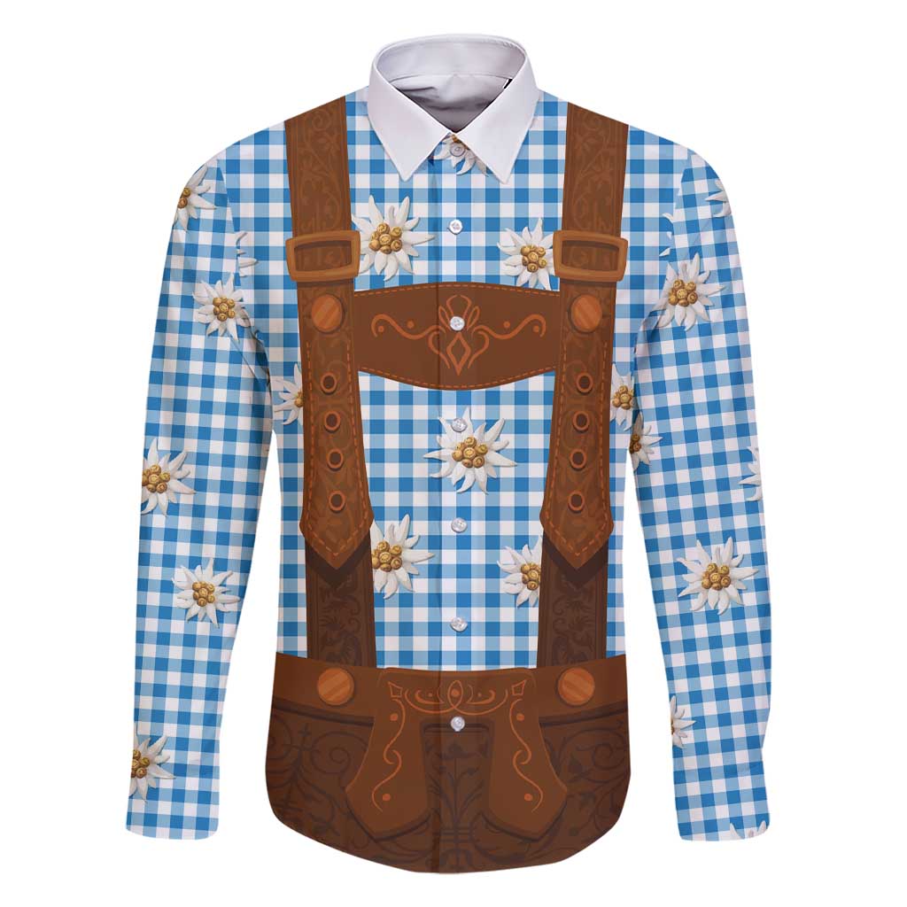 Traditional German Costume - Lederhosen Family Matching Short Sleeve Bodycon Dress and Hawaiian Shirt Blue Plaid Pattern with Edelweiss Flowers - Wonder Print Shop