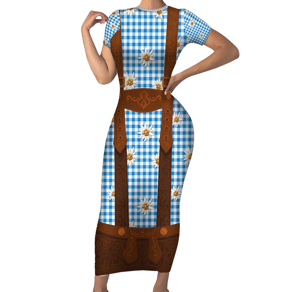 Traditional German Costume - Lederhosen Family Matching Short Sleeve Bodycon Dress and Hawaiian Shirt Blue Plaid Pattern with Edelweiss Flowers - Wonder Print Shop
