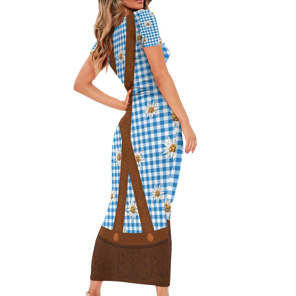 Traditional German Costume - Lederhosen Family Matching Short Sleeve Bodycon Dress and Hawaiian Shirt Blue Plaid Pattern with Edelweiss Flowers - Wonder Print Shop