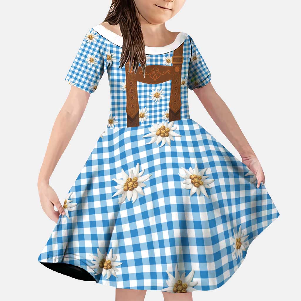 Traditional German Costume - Lederhosen Family Matching Summer Maxi Dress and Hawaiian Shirt Blue Plaid Pattern with Edelweiss Flowers - Wonder Print Shop