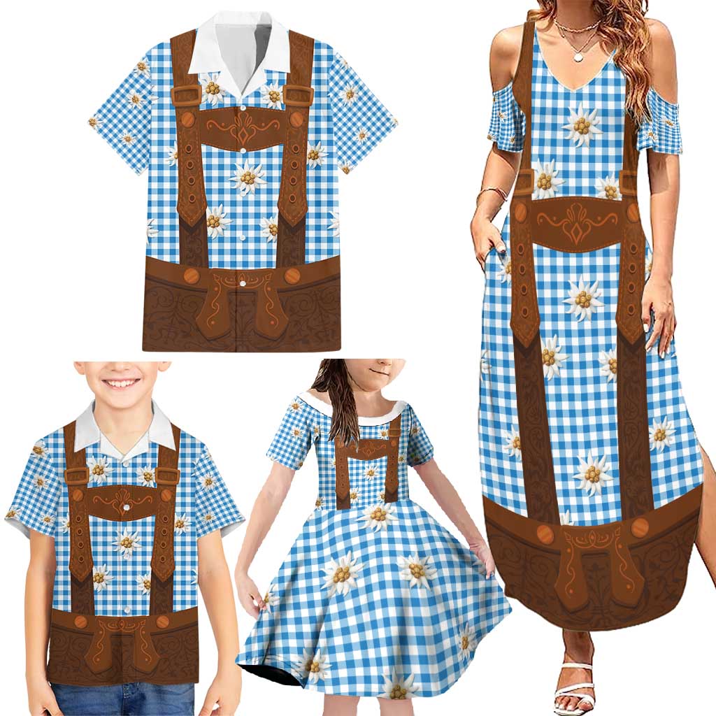 Traditional German Costume - Lederhosen Family Matching Summer Maxi Dress and Hawaiian Shirt Blue Plaid Pattern with Edelweiss Flowers - Wonder Print Shop