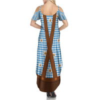 Traditional German Costume - Lederhosen Family Matching Summer Maxi Dress and Hawaiian Shirt Blue Plaid Pattern with Edelweiss Flowers - Wonder Print Shop