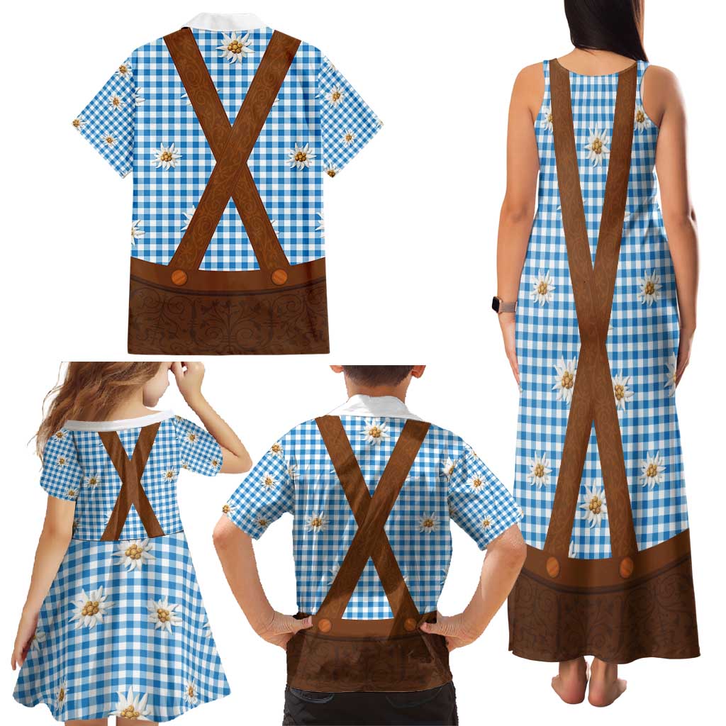 Traditional German Costume - Lederhosen Family Matching Tank Maxi Dress and Hawaiian Shirt Blue Plaid Pattern with Edelweiss Flowers - Wonder Print Shop