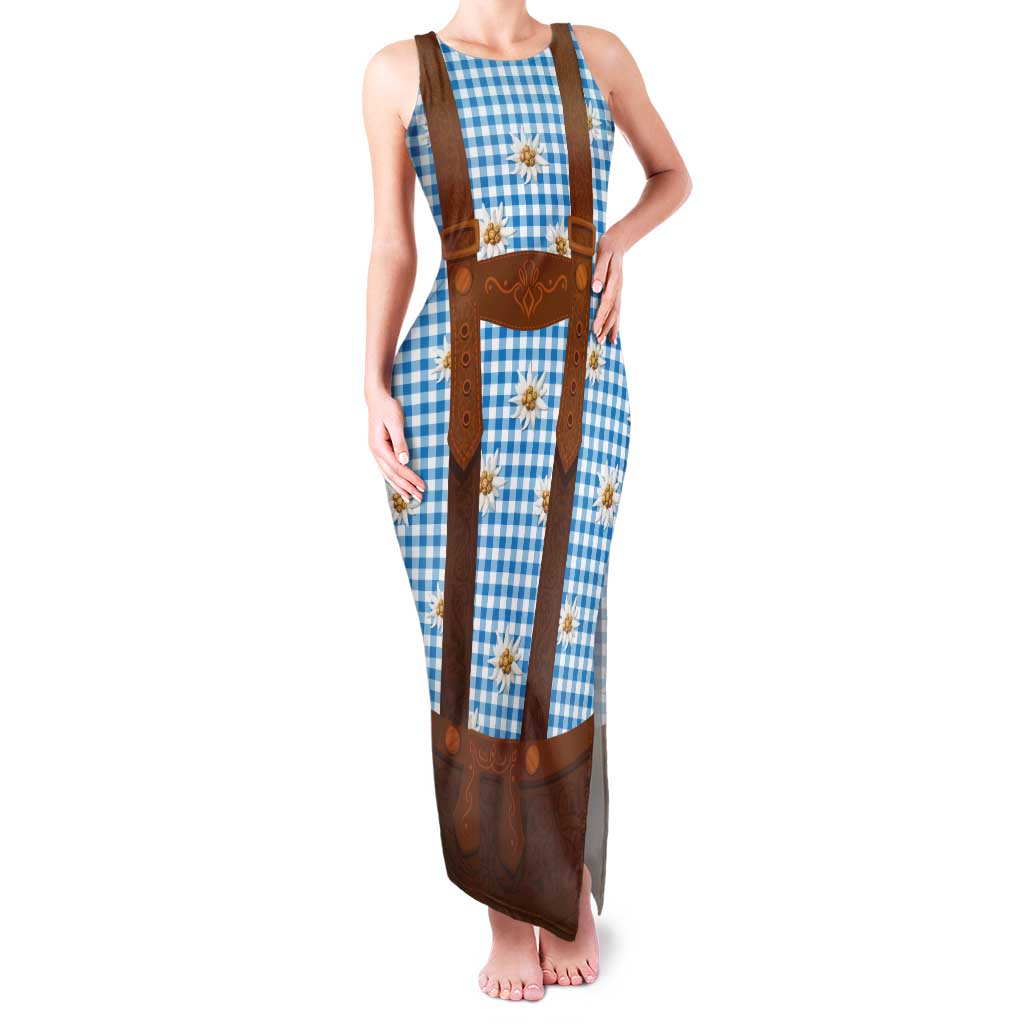 Traditional German Costume - Lederhosen Family Matching Tank Maxi Dress and Hawaiian Shirt Blue Plaid Pattern with Edelweiss Flowers - Wonder Print Shop