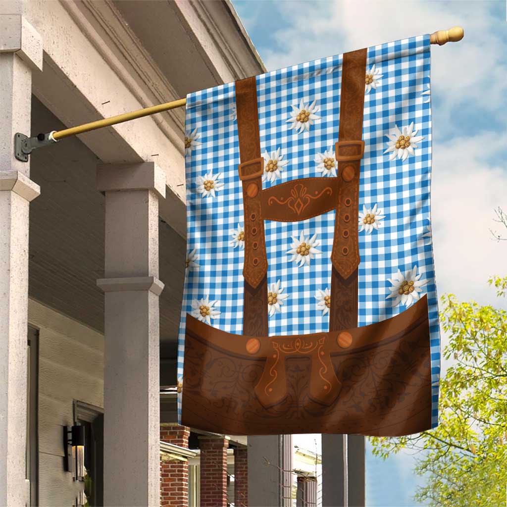 Traditional German Costume - Lederhosen Garden Flag Blue Plaid Pattern with Edelweiss Flowers - Wonder Print Shop