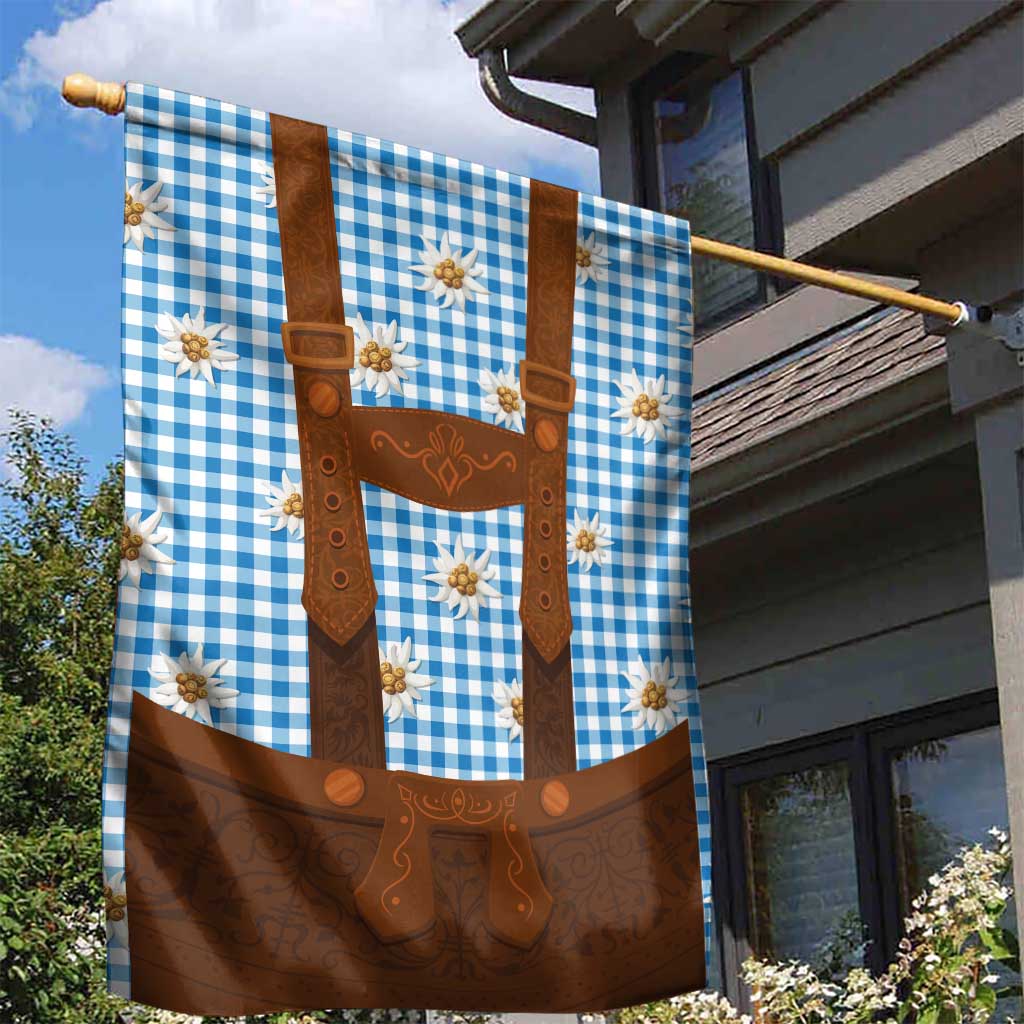 Traditional German Costume - Lederhosen Garden Flag Blue Plaid Pattern with Edelweiss Flowers - Wonder Print Shop