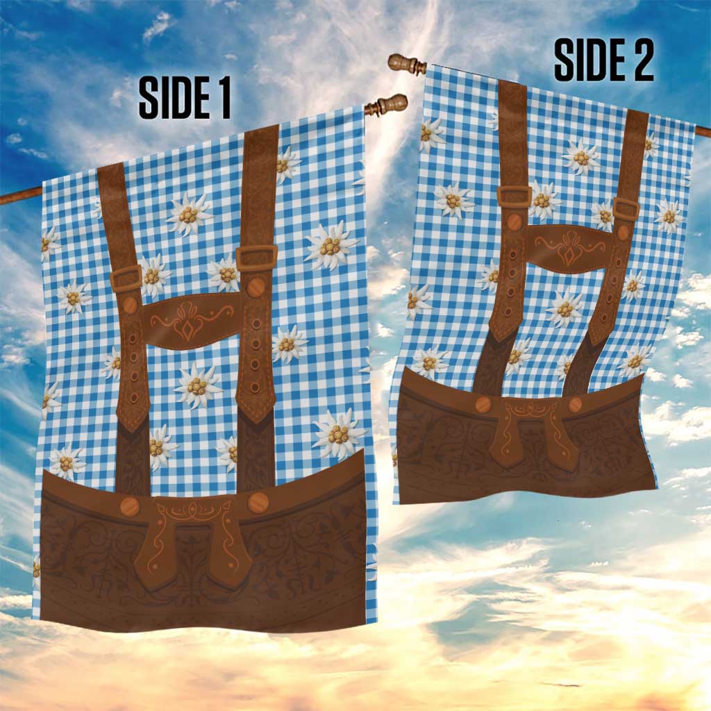 Traditional German Costume - Lederhosen Garden Flag Blue Plaid Pattern with Edelweiss Flowers - Wonder Print Shop